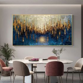 Large Original Gold Oil Painting on Canvas Abstract Minimalist Blue Textured Wall Art Custom Painting,Boho Wall Décor Living room Wall Decor (Style: 01, size: 60X120cm)