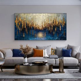 Large Original Gold Oil Painting on Canvas Abstract Minimalist Blue Textured Wall Art Custom Painting,Boho Wall Décor Living room Wall Decor (Style: 01, size: 80x160cm)