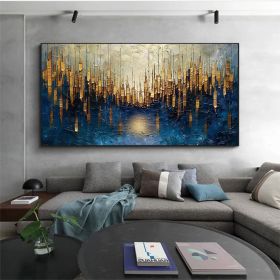 Large Original Gold Oil Painting on Canvas Abstract Minimalist Blue Textured Wall Art Custom Painting,Boho Wall Décor Living room Wall Decor (Style: 01, size: 70X140cm)