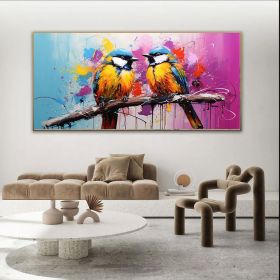 Hand Painted Oil Painting Large Canvas Two Birds On A Branch On Canvas Colorful Wall Art Pictures Animals Art  Posters Trendy Wall Art For Living Room (Style: 01, size: 70X140cm)