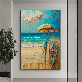 Handmade Oil Painting Abstract Beach Canvas Painting Large Original Sunshine Ocean Coast Seascape Oil Painting Wall Art Modern Blue Beige Living Room (Style: 01, size: 100X150cm)